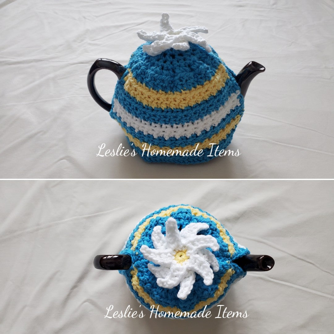 Crochet Tea Cozy - Daisy, Long-Lasting Warmth : Blue Yellow White