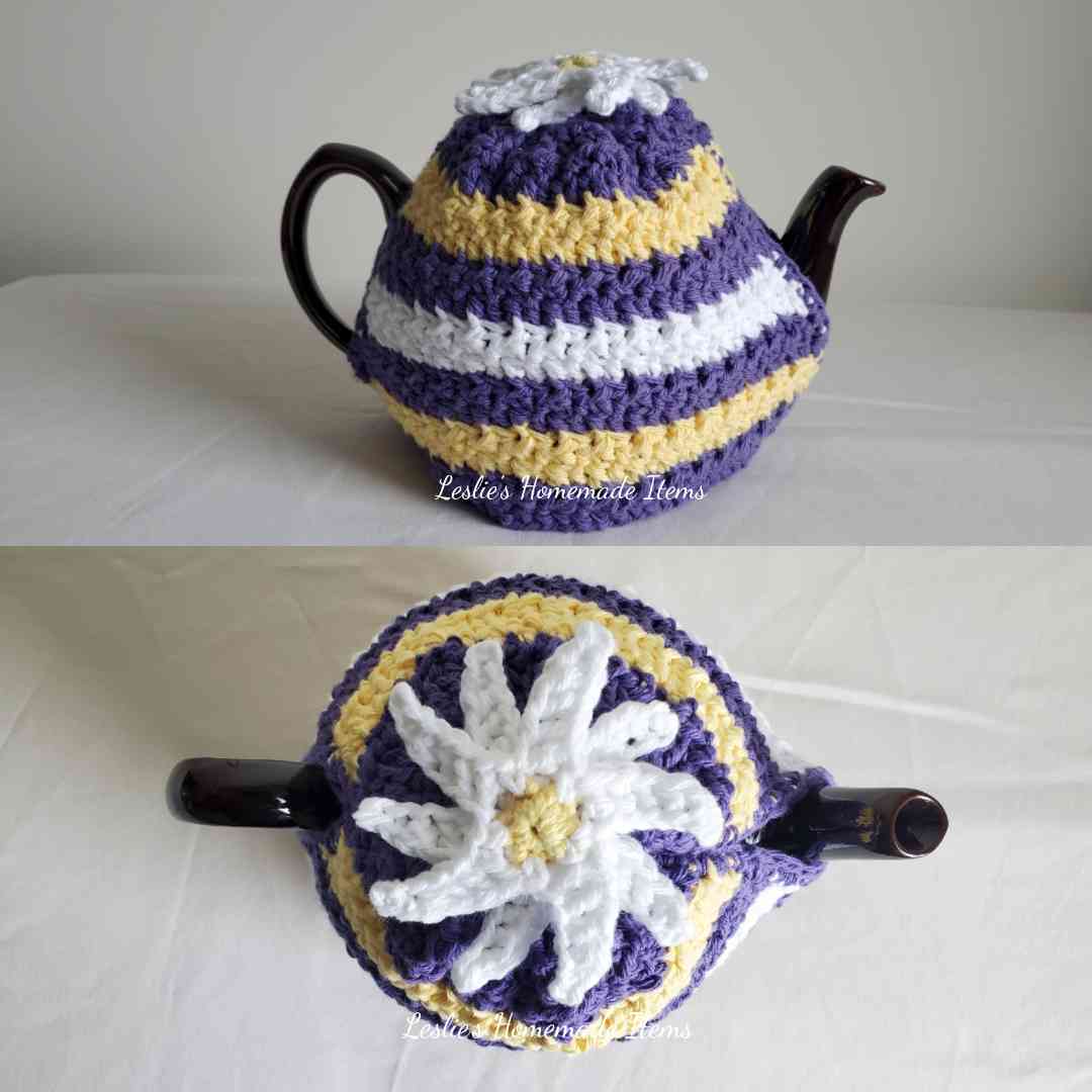 Crochet Tea Cozy - Daisy, Long-Lasting Warmth : Purple Yellow White