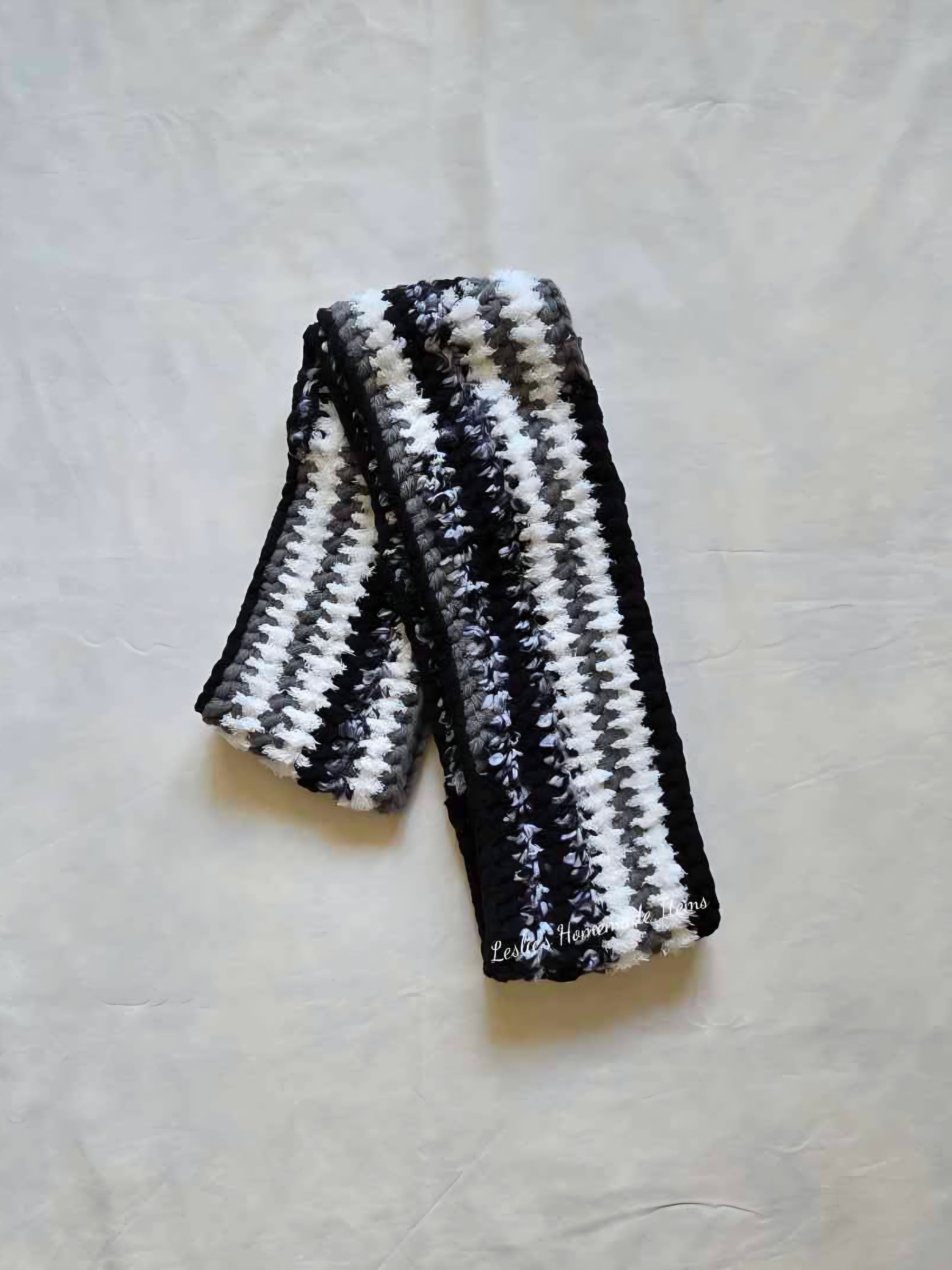 Crochet Infinity Scarf - Soft, Snuggly, Bulky : Black White Grey - 59" L x 5.5" W