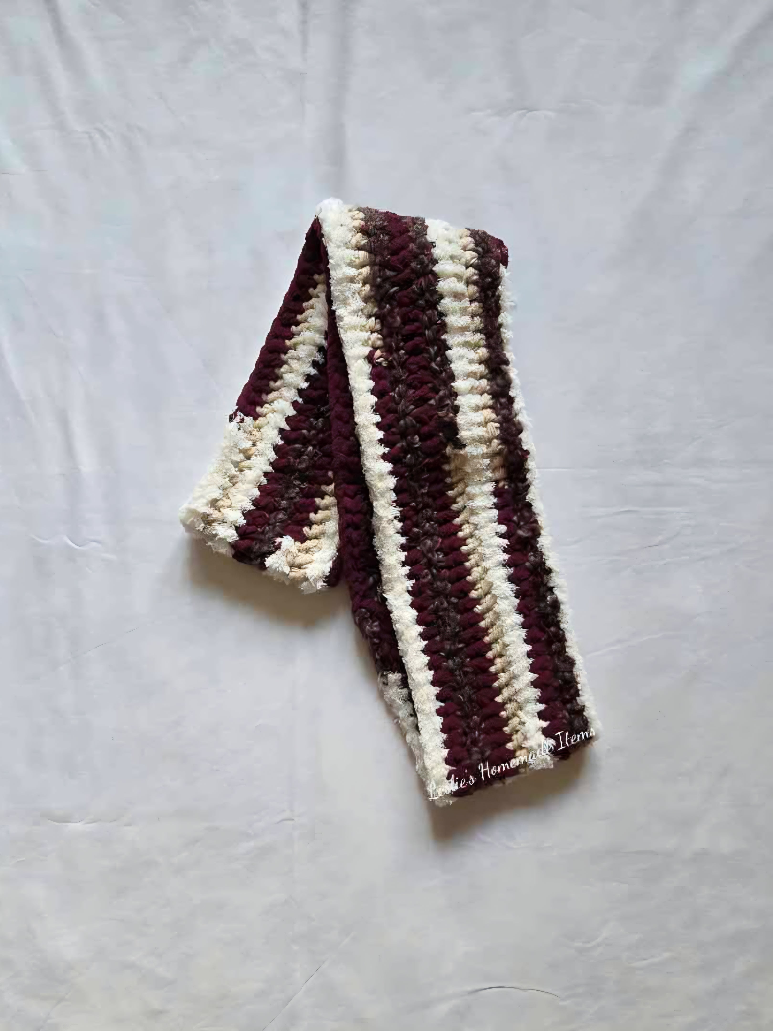 Crochet Infinity Scarf - Soft, Snuggly, Bulky : Burgandy White - 59" L x 5.5" W