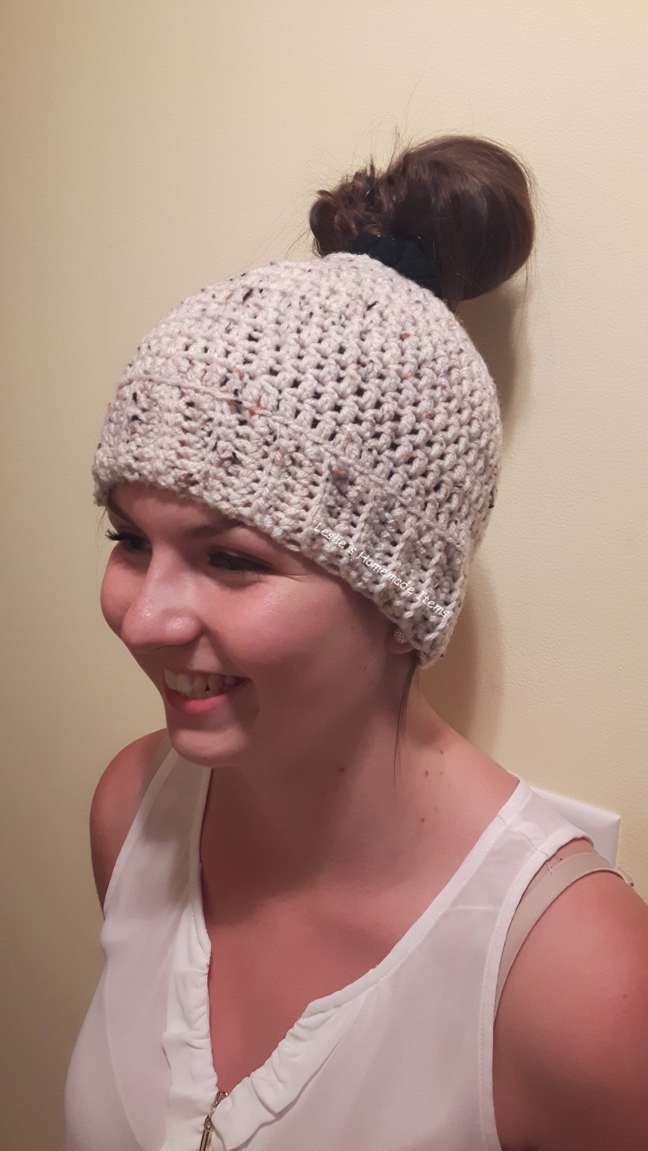 Crochet Messy Bun Beanie - Warm, Long Hair Fits, Soft, Stretchy Fit :