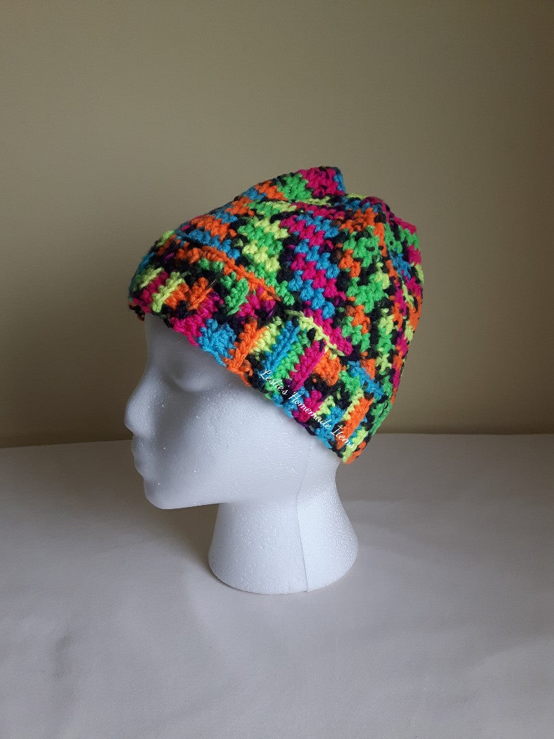 Crochet Messy Bun Beanie - Warm, Long Hair Fits, Soft, Stretchy Fit : Blacklight