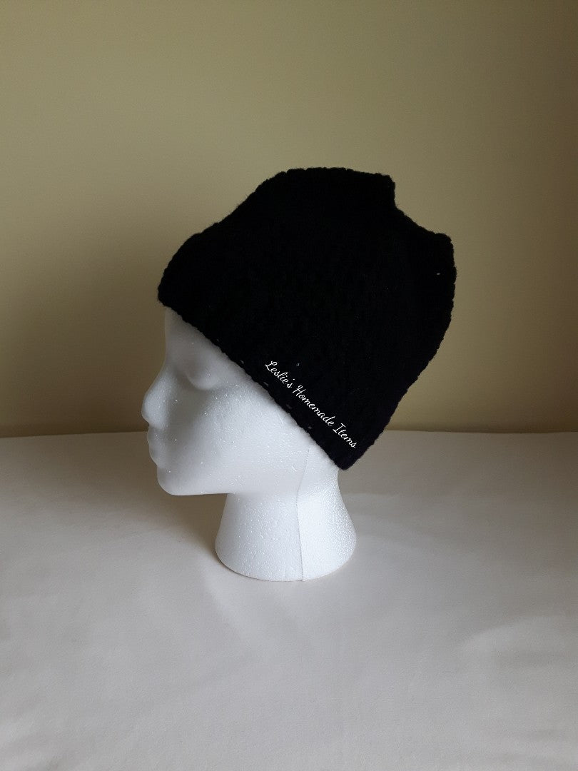 Crochet Messy Bun Beanie - Warm, Long Hair Fits, Soft, Stretchy Fit : Black