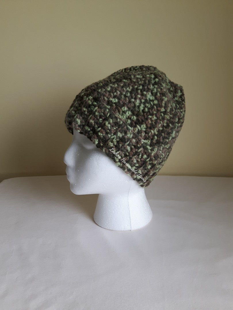 Crochet Messy Bun Beanie - Warm, Long Hair Fits, Soft, Stretchy Fit : Green