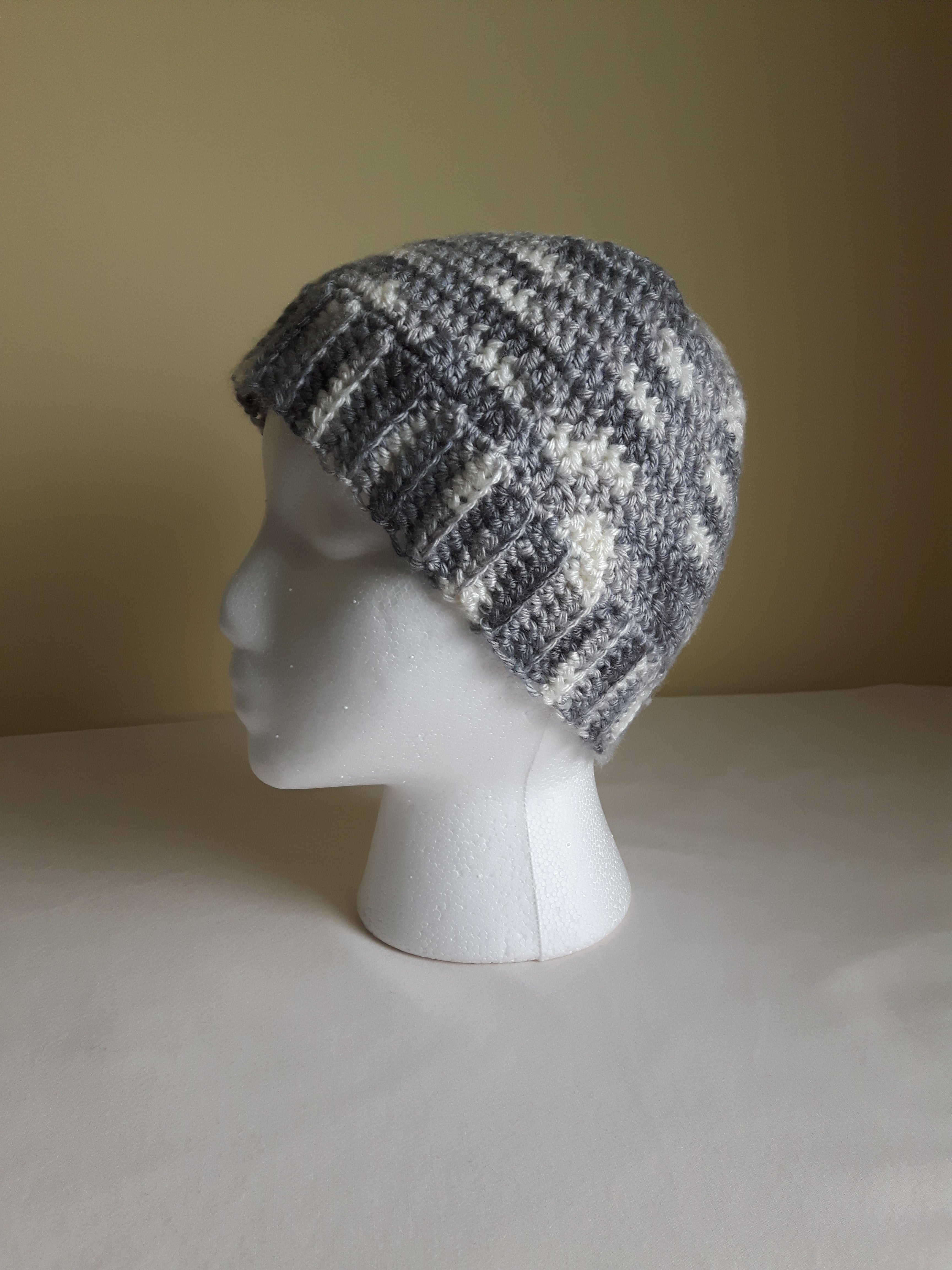 Crochet Messy Bun Beanie - Warm, Long Hair Fits, Soft, Stretchy Fit : Grey White Large (23" L x 7.5" H)
