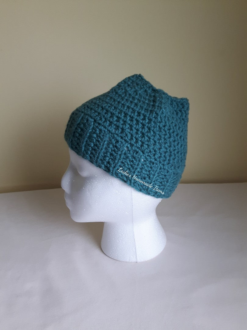 Crochet Messy Bun Beanie - Warm, Long Hair Fits, Soft, Stretchy Fit : Teal Medium (19" L x 7.5" H)