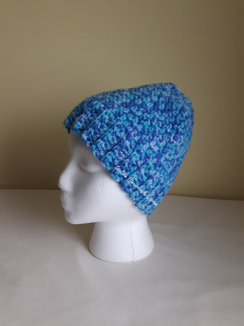Crochet Messy Bun Beanie - Warm, Long Hair Fits, Soft, Stretchy Fit : Blue