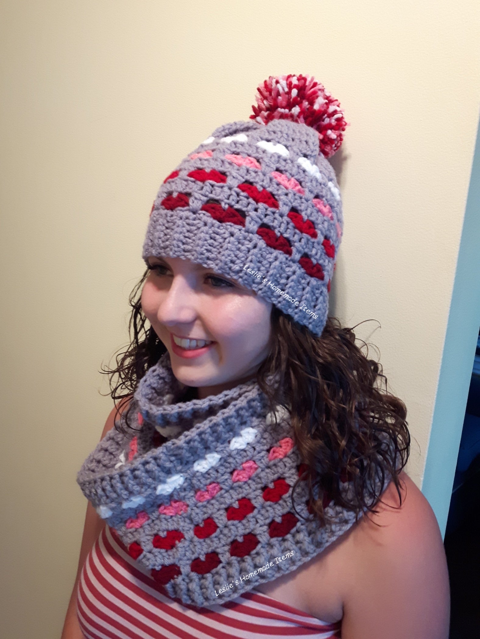 Crochet Puppy Love Hat - Warm, Hearts, Soft, Stretchy Fit :