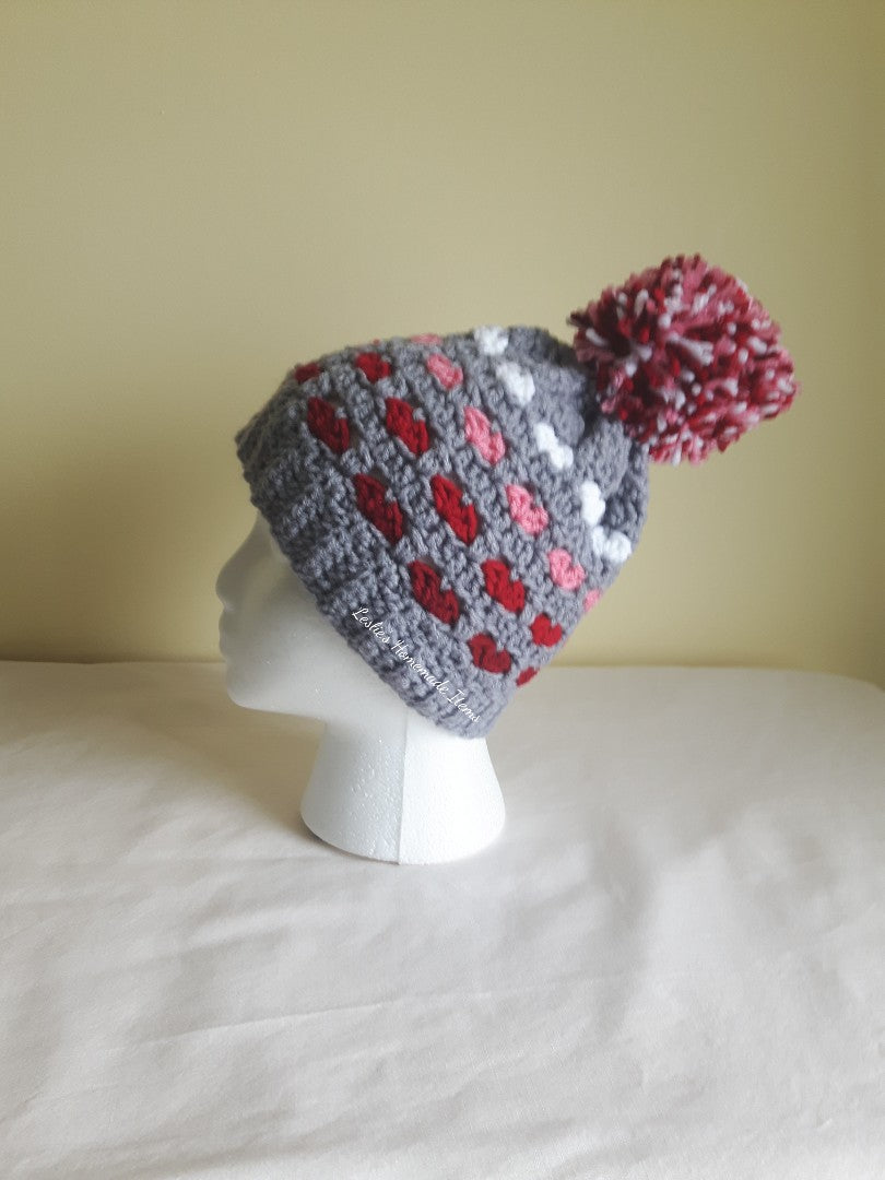 Crochet Puppy Love Hat - Warm, Hearts, Soft, Stretchy Fit : Red