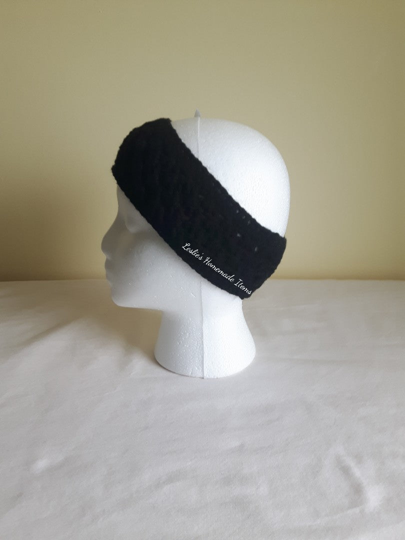 Crochet Shell Headband - Warm, Ear Warmer, Soft, Stretchy Fit, Narrow : Black