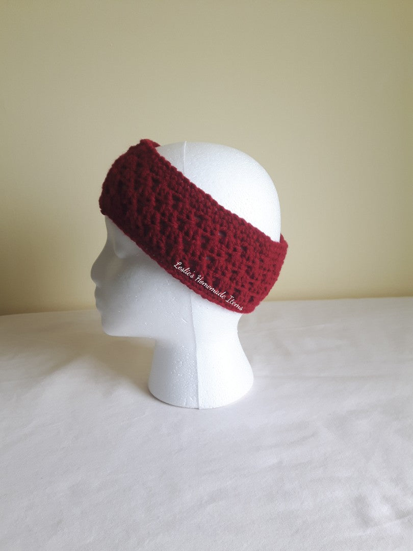 Crochet Shell Headband - Warm, Ear Warmer, Soft, Stretchy Fit, Narrow : Burgandy