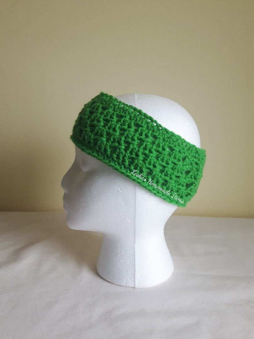 Crochet Shell Headband - Warm, Ear Warmer, Soft, Stretchy Fit, Narrow : Green