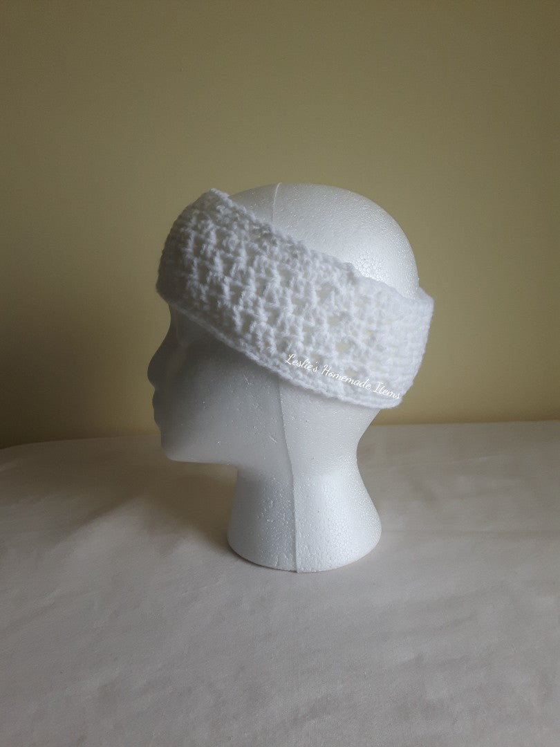 Crochet Shell Headband - Warm, Ear Warmer, Soft, Stretchy Fit, Narrow : White
