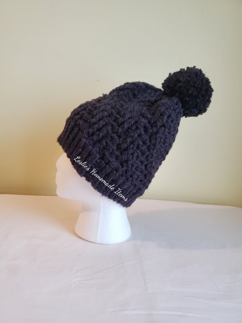 Crochet Stepping Texture Hat - Warm, Bulky, Soft, Stretchy Fit : Black Large (20" L x 8.5" H)