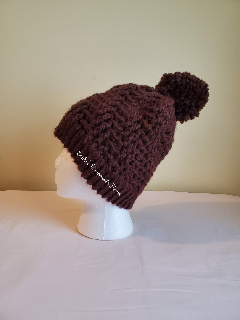 Crochet Stepping Texture Hat - Warm, Bulky, Soft, Stretchy Fit : Brown Large (20" L x 8.5" H)