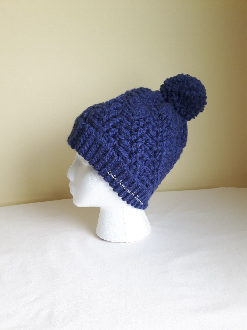Crochet Stepping Texture Hat - Warm, Bulky, Soft, Stretchy Fit : Blue Large (20" L x 8.5" H)