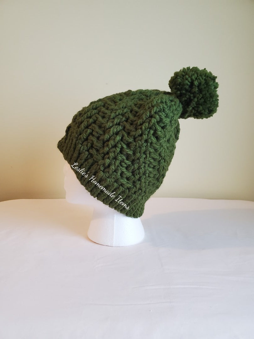 Crochet Stepping Texture Hat - Warm, Bulky, Soft, Stretchy Fit : Green Large (20" L x 8.5" H)