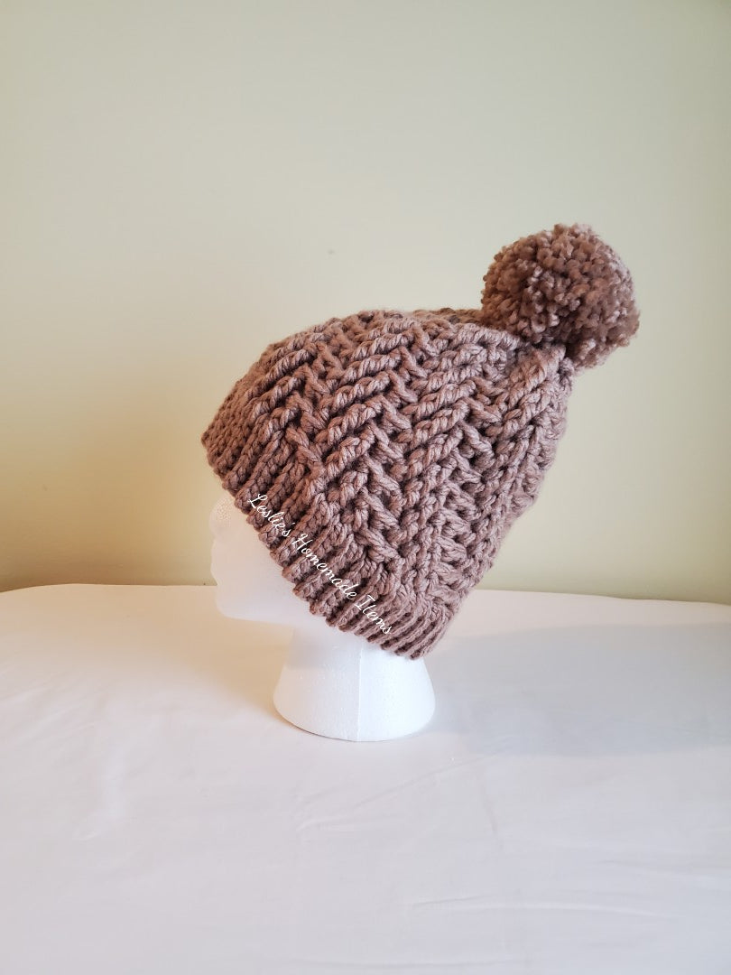 Crochet Stepping Texture Hat - Warm, Bulky, Soft, Stretchy Fit : Tan Large (20" L x 8.5" H)