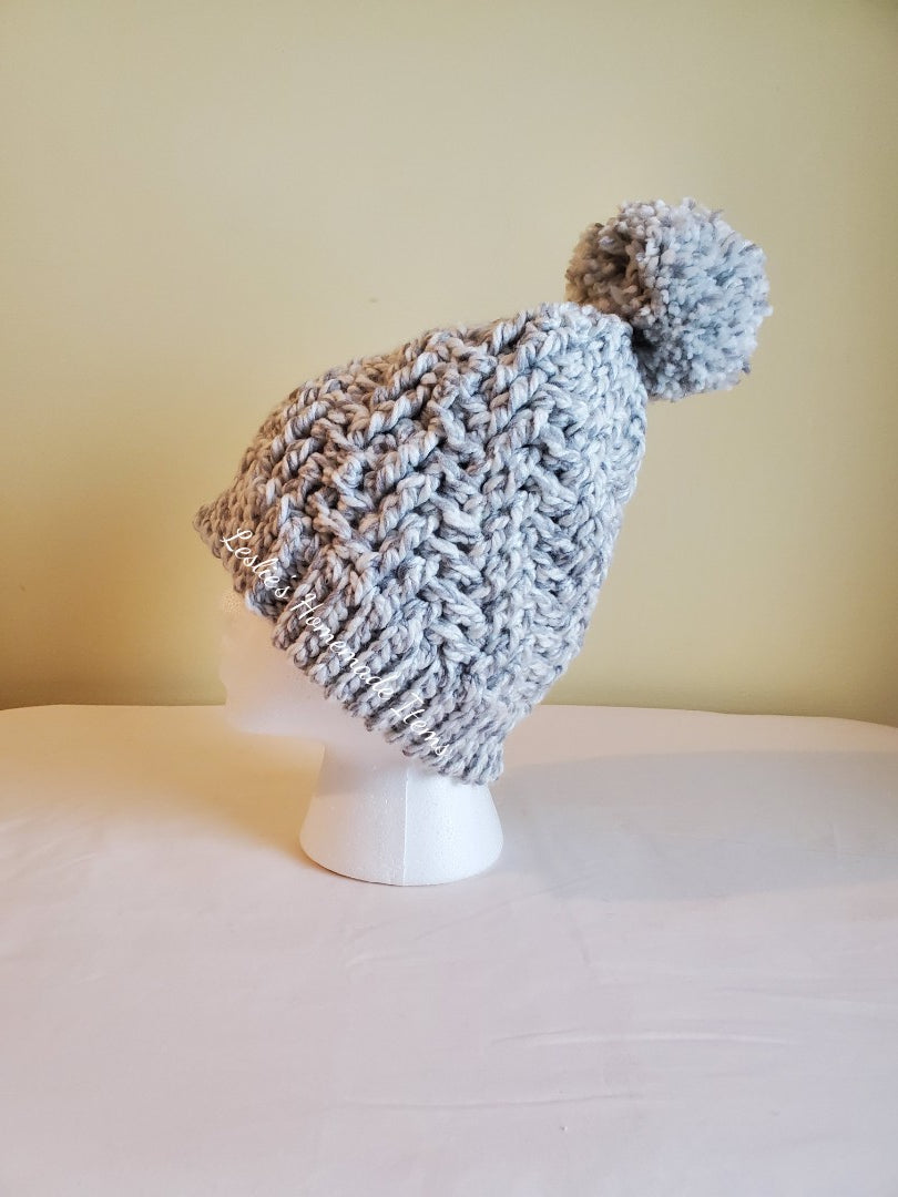 Crochet Stepping Texture Hat - Warm, Bulky, Soft, Stretchy Fit : White Grey Large (20" L x 8.5" H)