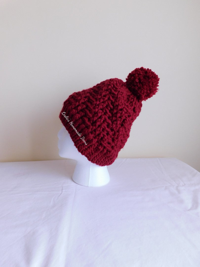 Crochet Stepping Texture Hat - Warm, Bulky, Soft, Stretchy Fit : Burgandy Large (20" L x 8.5" H)