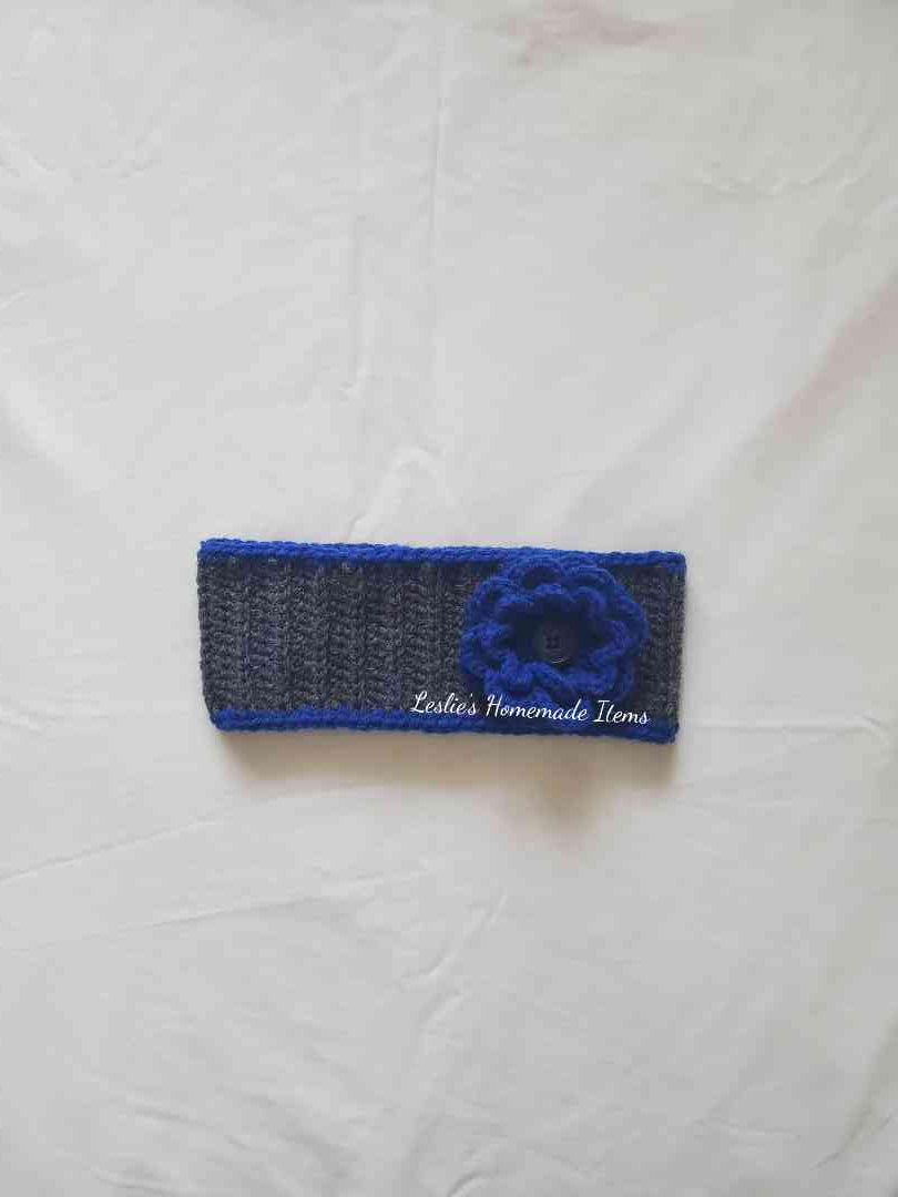 Crochet Flower Headband - Warm, Ear Warmer, Soft, Stretchy Fit, Wide : Blue