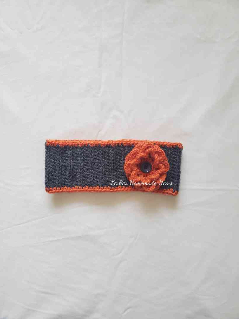 Crochet Flower Headband - Warm, Ear Warmer, Soft, Stretchy Fit, Wide : Orange