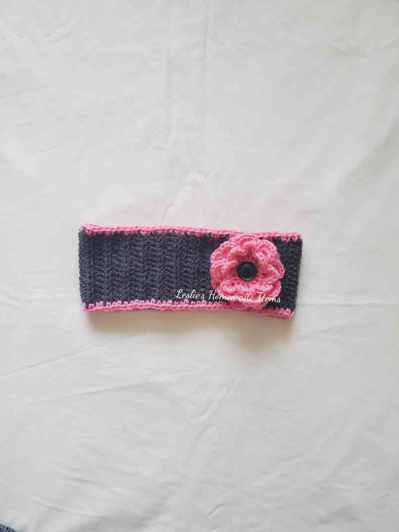 Crochet Flower Headband - Warm, Ear Warmer, Soft, Stretchy Fit, Wide : Pink
