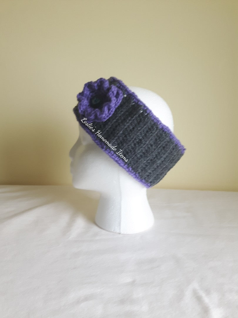 Crochet Flower Headband - Warm, Ear Warmer, Soft, Stretchy Fit, Wide : Purple [old] Large (21.5" L x 3.5" H)